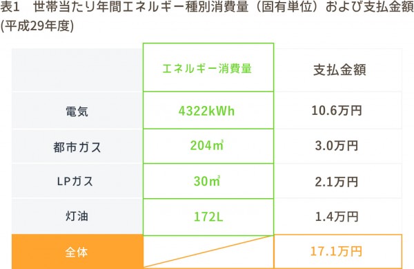 世帯当たり年間エネルギー種別消費量（固有単位）および支払金額