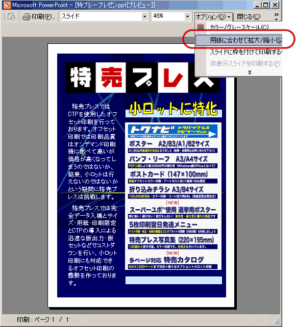 印刷プレビューで用紙に合わせて拡大/縮小