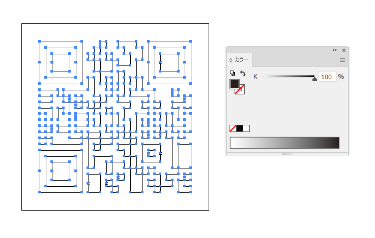 「QRのススメ」でQRコードをEPSで形式で保存したものをIllustratorで開いた状態（アウトライン表示）